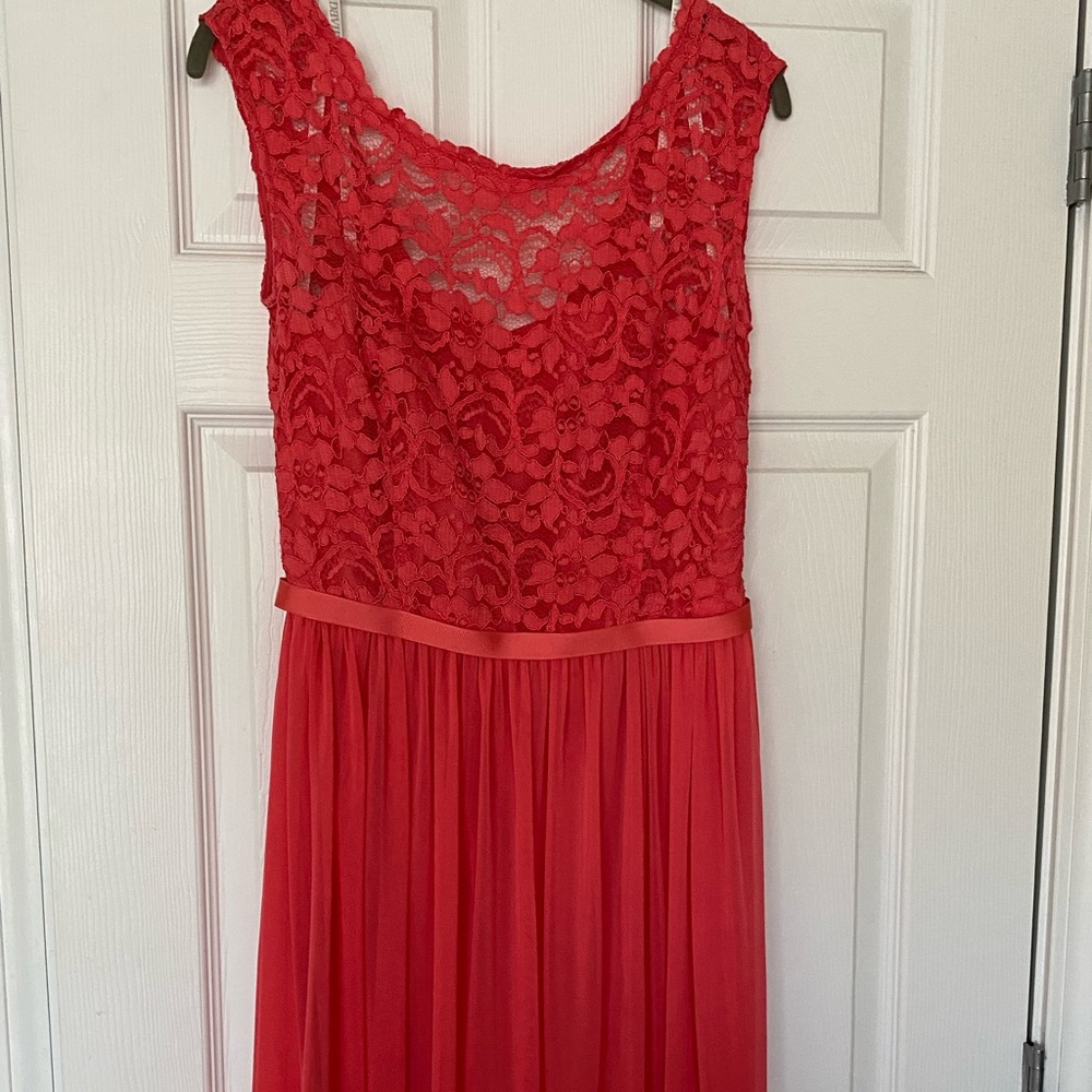 David’s bridal long salmon dress with lace and chiffon